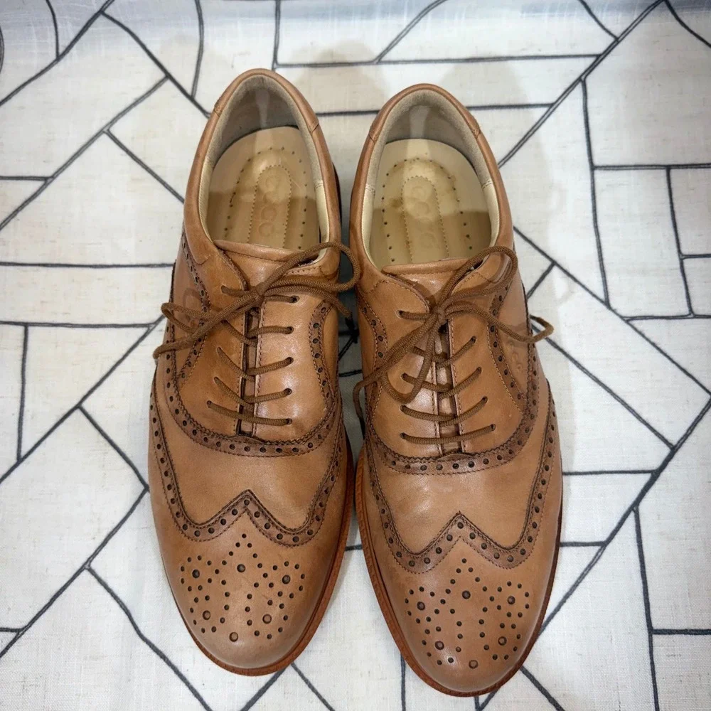 ECCO Wingtip Oxford Shoes Size 46 Tan Leather Brogue Lace Up Dress Shoes